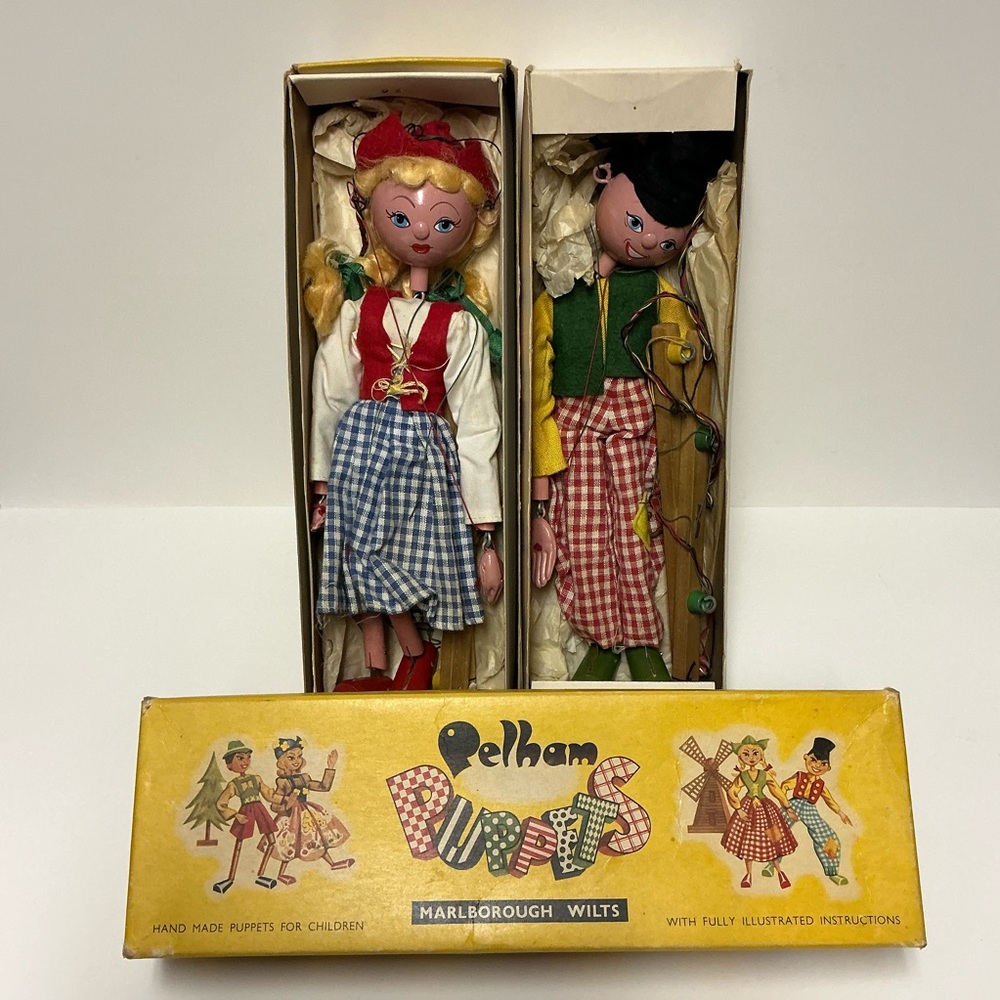 Vintage Pelham Puppets - Dutch Boy & Girl with Original Boxes - Twisted Strings